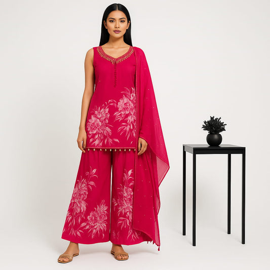 Straight Fit Printed V-Neck Flash Buy Kurta With Pant With Dupatta Set