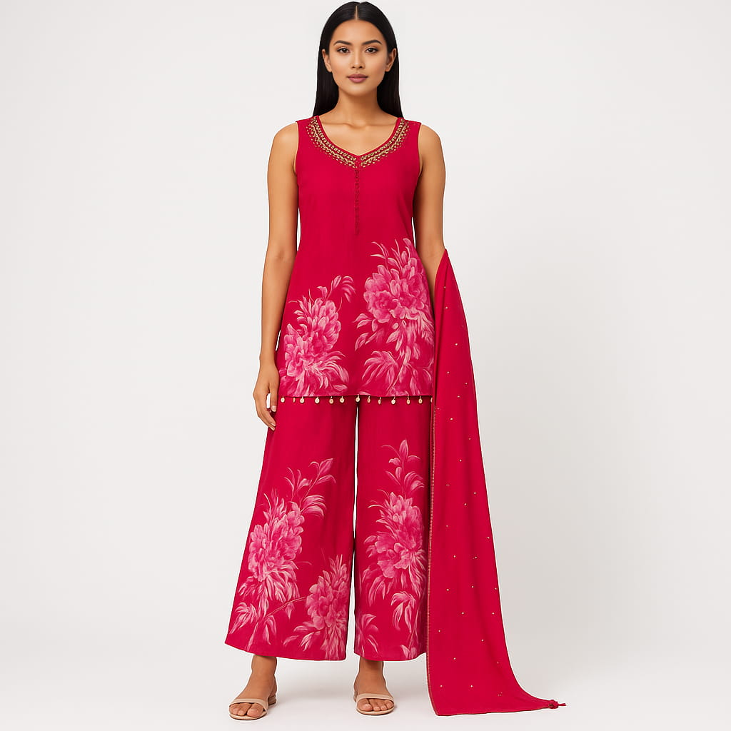 Straight Fit Printed V-Neck Flash Buy Kurta With Pant With Dupatta Set