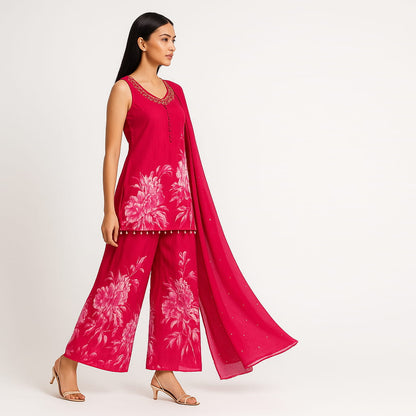 Straight Fit Printed V-Neck Flash Buy Kurta With Pant With Dupatta Set