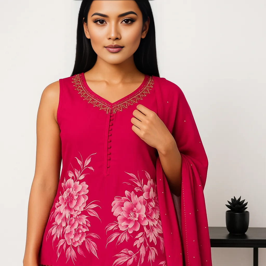 Straight Fit Printed V-Neck Flash Buy Kurta With Pant With Dupatta Set