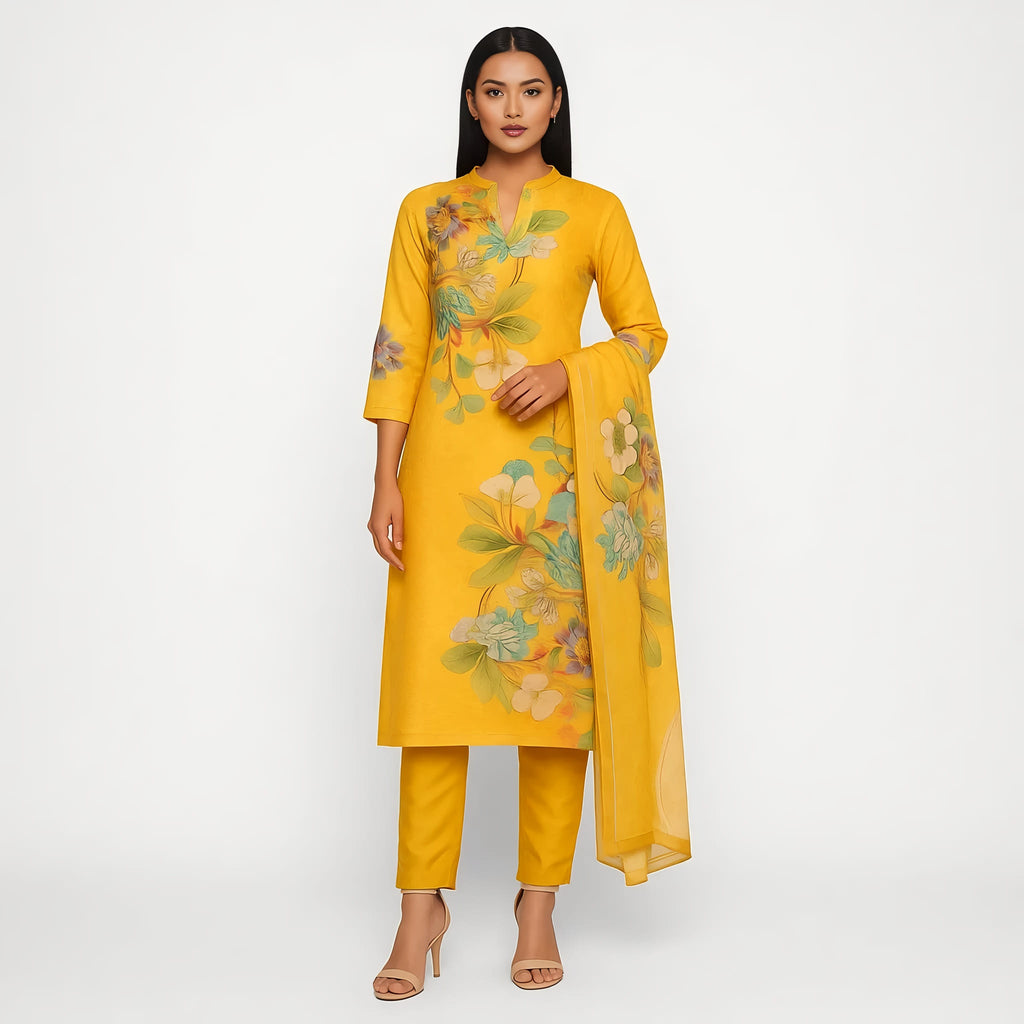 Straight Fit Printed Mandarin Neck Flash Buy Kurta With Pant With Dupatta Set