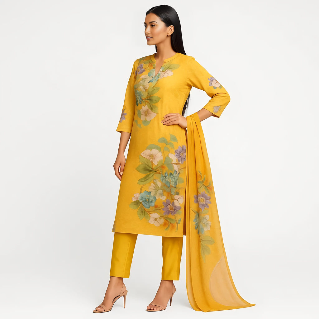 Straight Fit Printed Mandarin Neck Flash Buy Kurta With Pant With Dupatta Set