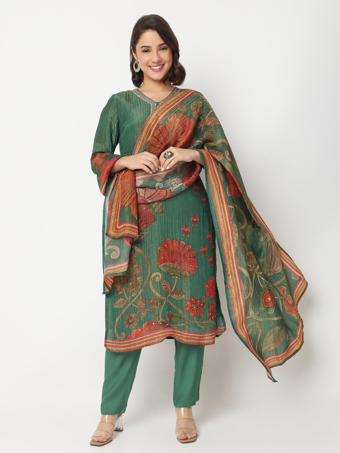 V-Neck Printed Straight Kurta and Pant with Dupatta Set