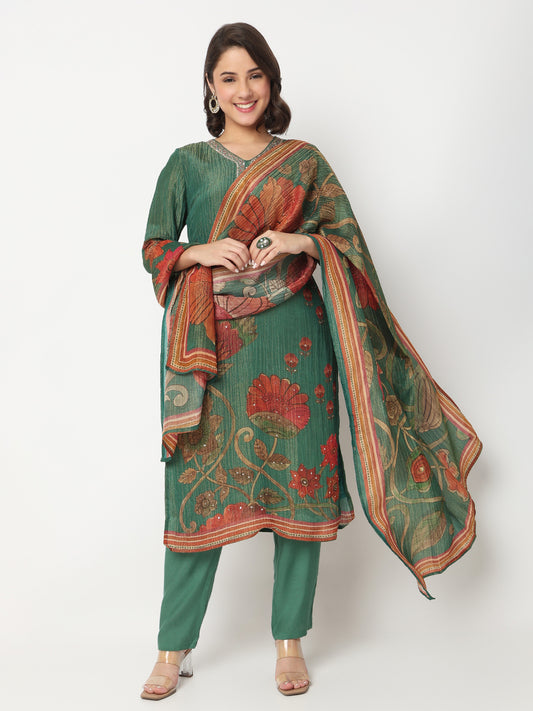 V-Neck Printed Straight Kurta and Pant with Dupatta Set