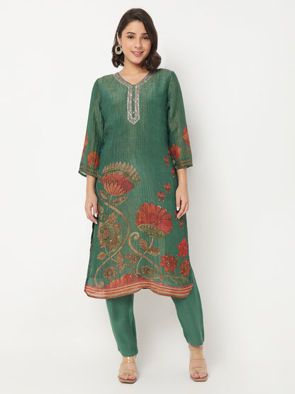 V-Neck Printed Straight Kurta and Pant with Dupatta Set