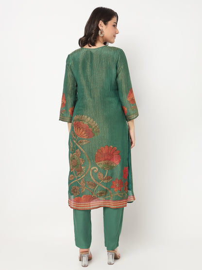 V-Neck Printed Straight Kurta and Pant with Dupatta Set