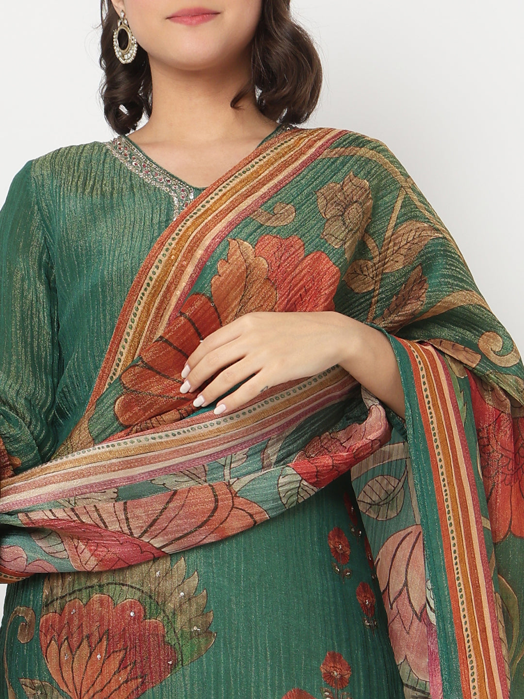 V-Neck Printed Straight Kurta and Pant with Dupatta Set