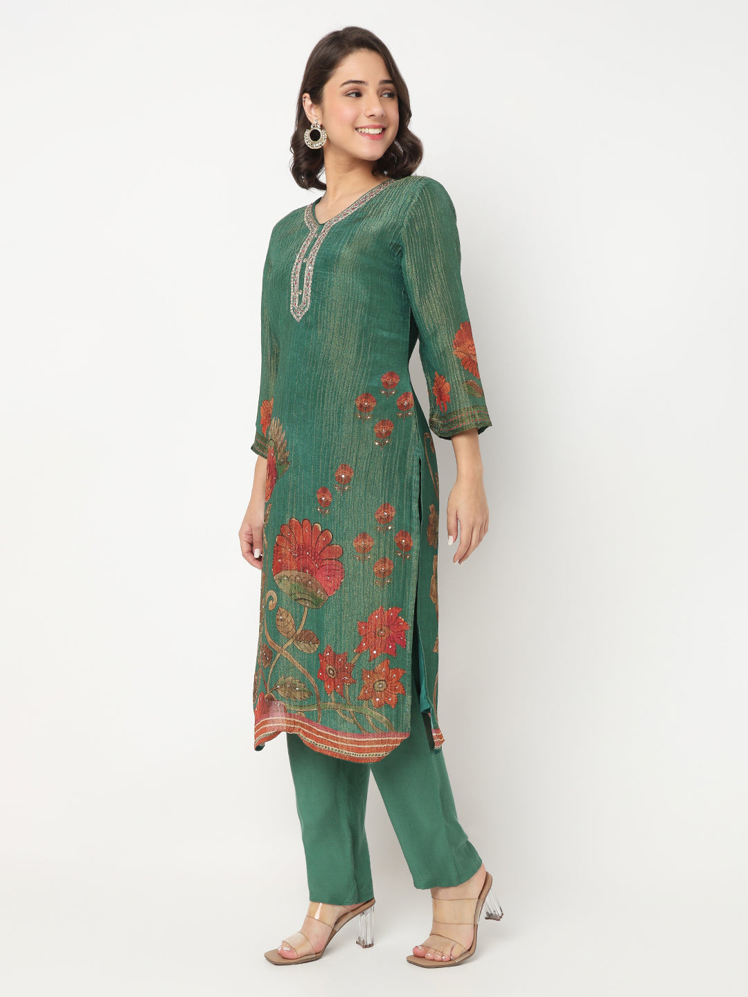 V-Neck Printed Straight Kurta and Pant with Dupatta Set