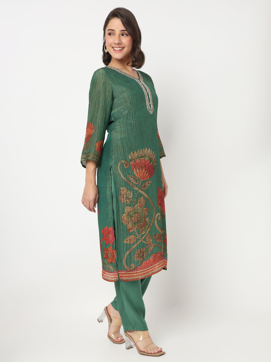 V-Neck Printed Straight Kurta and Pant with Dupatta Set