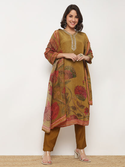 V-Neck Printed Straight Kurta and Pant with Dupatta Set