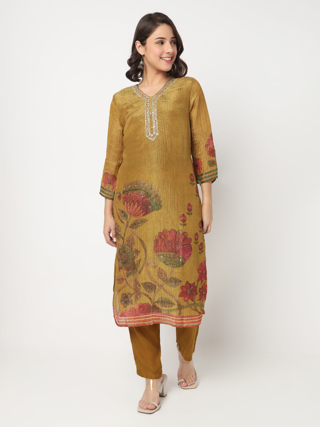 V-Neck Printed Straight Kurta and Pant with Dupatta Set