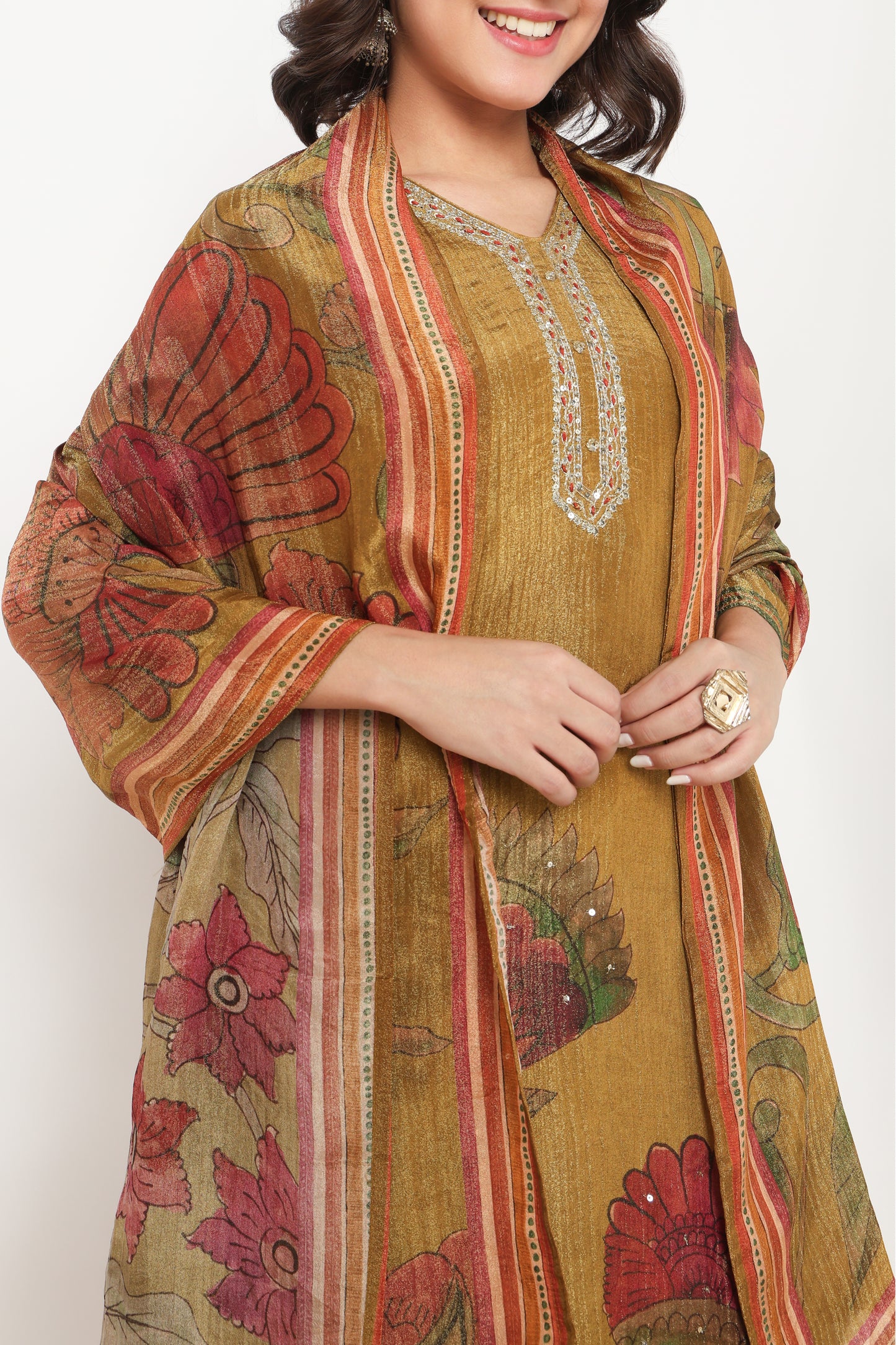 V-Neck Printed Straight Kurta and Pant with Dupatta Set