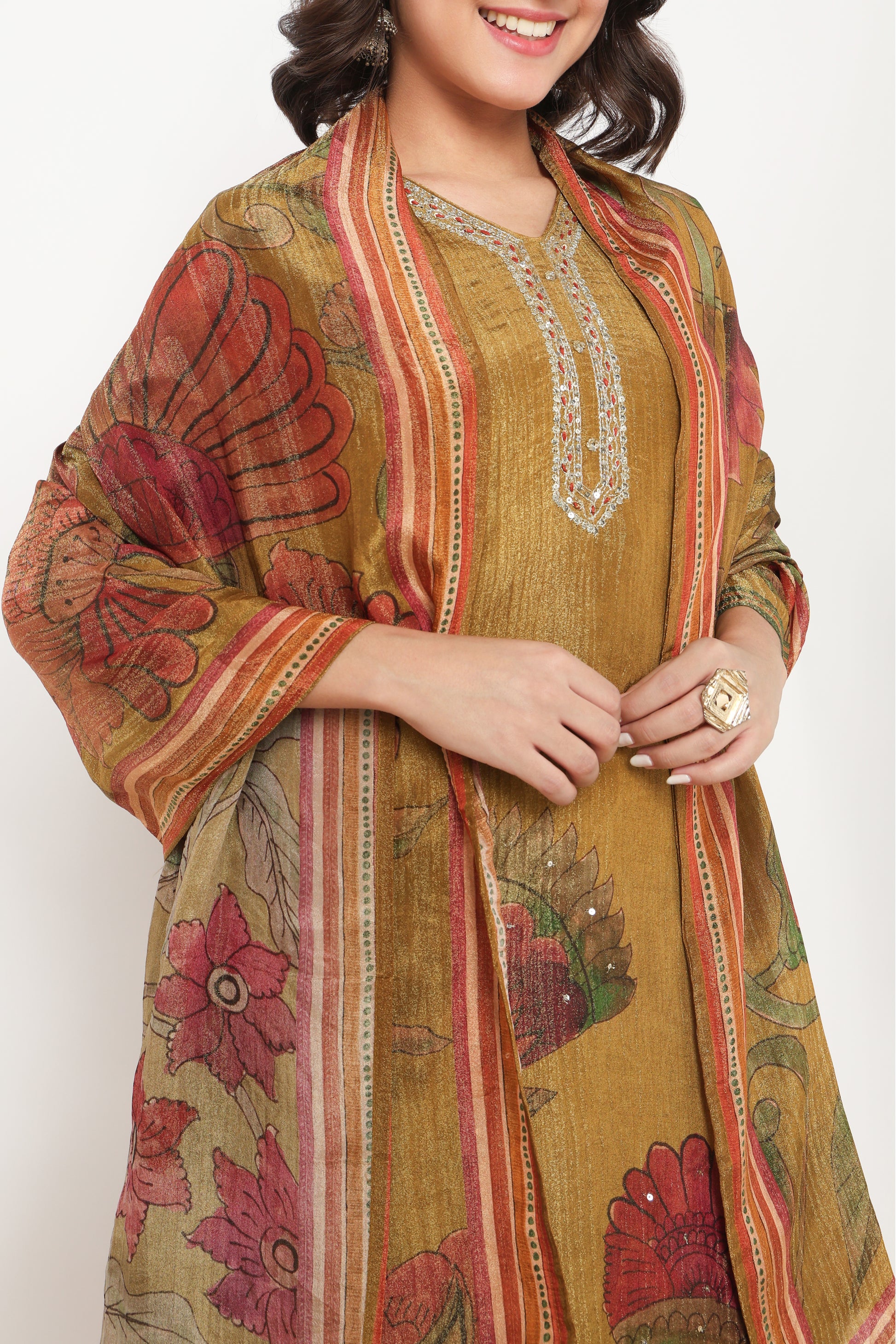V-Neck Printed Straight Kurta and Pant with Dupatta Set