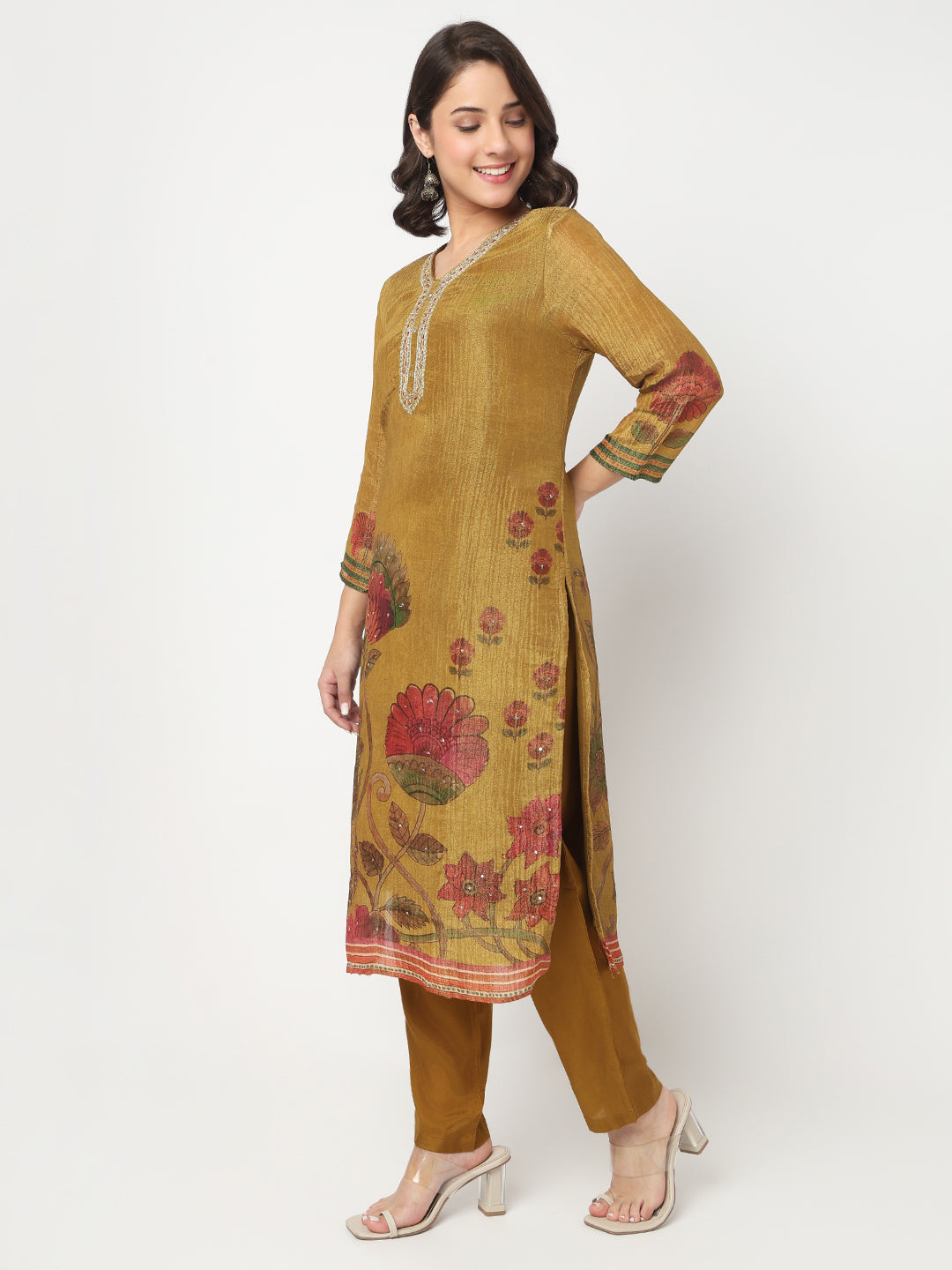 V-Neck Printed Straight Kurta and Pant with Dupatta Set