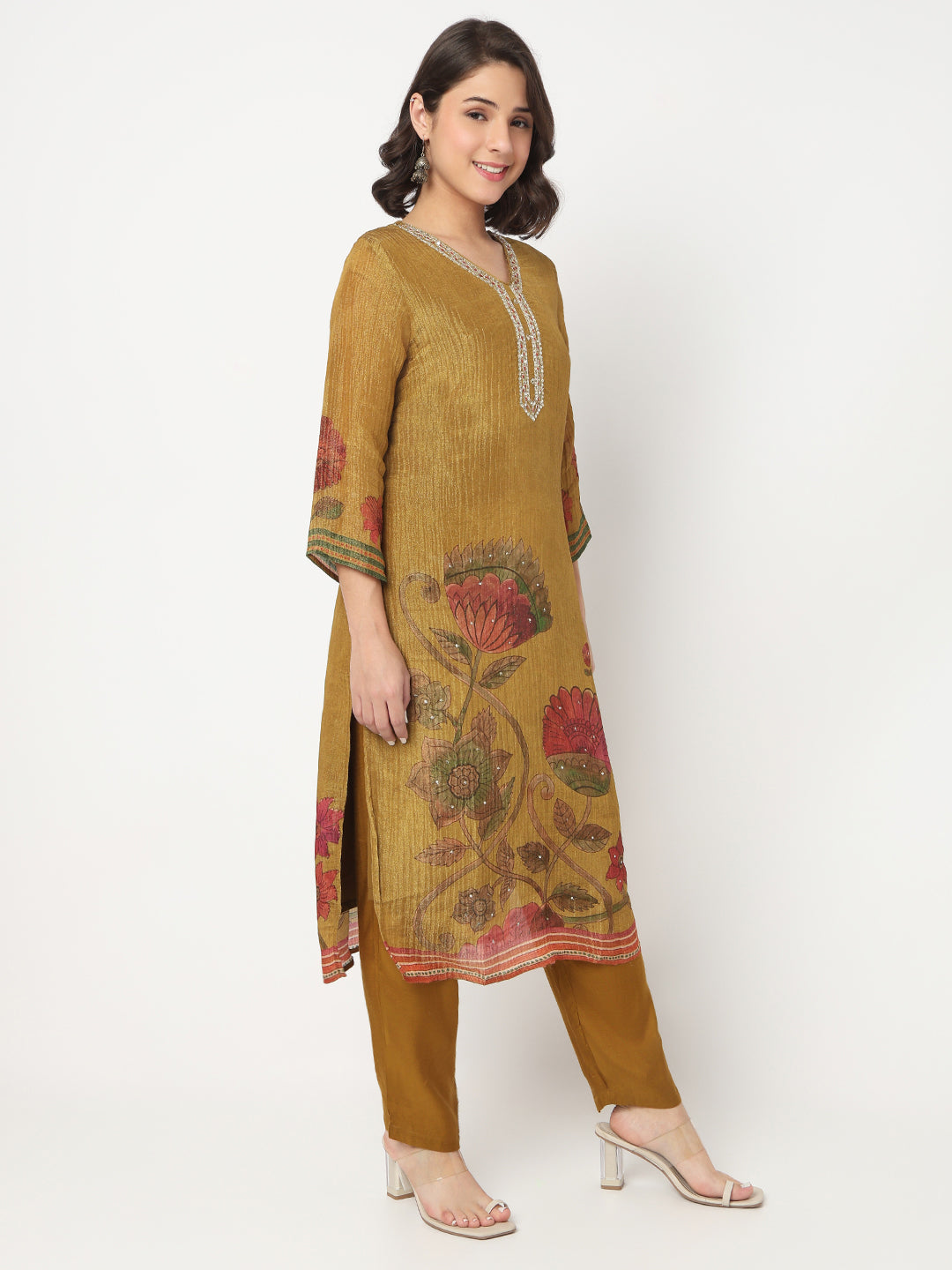 V-Neck Printed Straight Kurta and Pant with Dupatta Set
