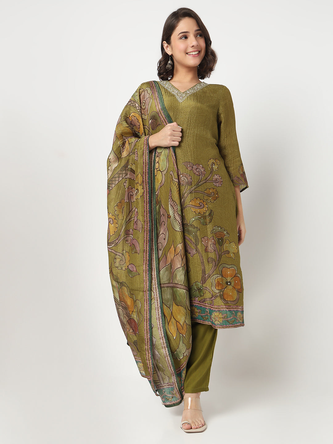 V-Neck Printed Straight Kurta and Pant with Dupatta Set
