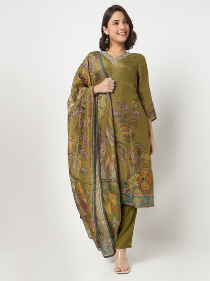 V-Neck Printed Straight Kurta and Pant with Dupatta Set