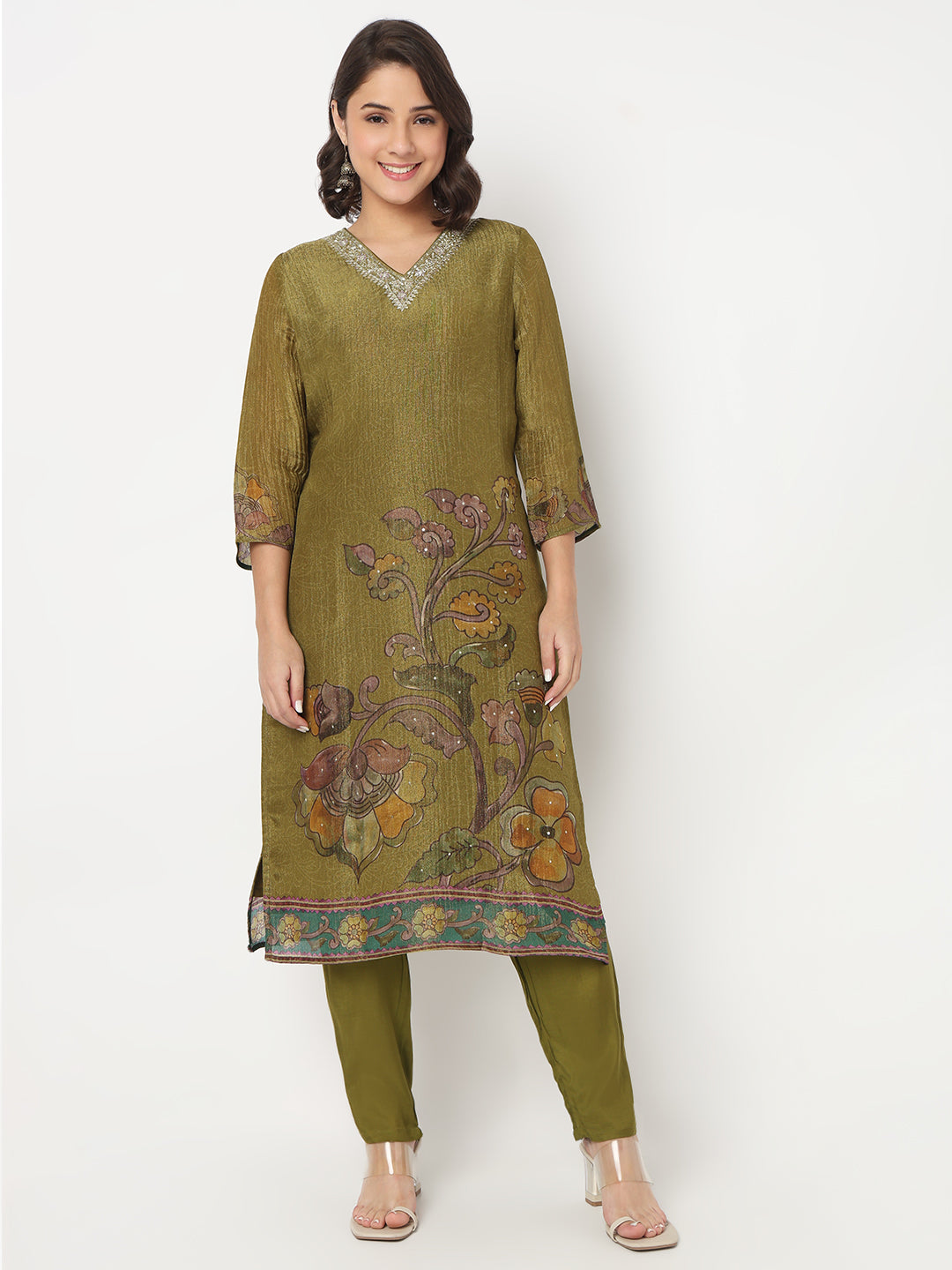 V-Neck Printed Straight Kurta and Pant with Dupatta Set