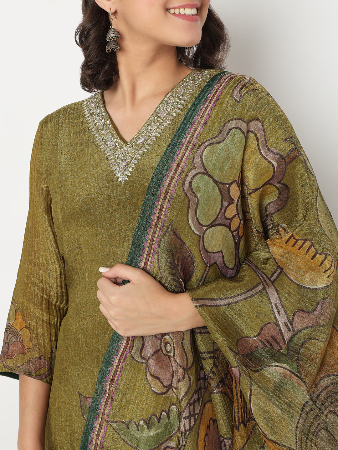V-Neck Printed Straight Kurta and Pant with Dupatta Set