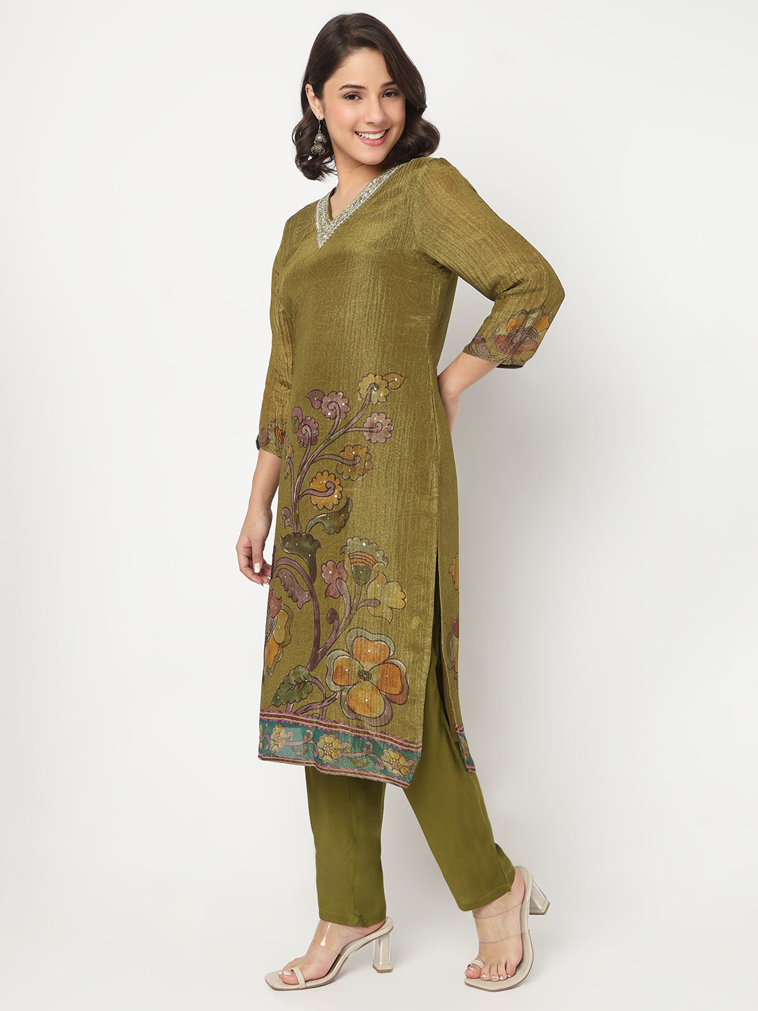 V-Neck Printed Straight Kurta and Pant with Dupatta Set