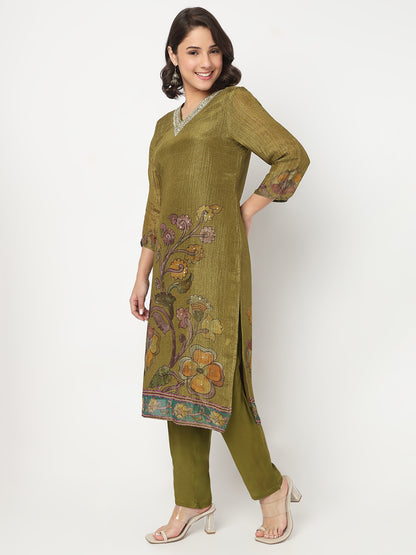 V-Neck Printed Straight Kurta and Pant with Dupatta Set