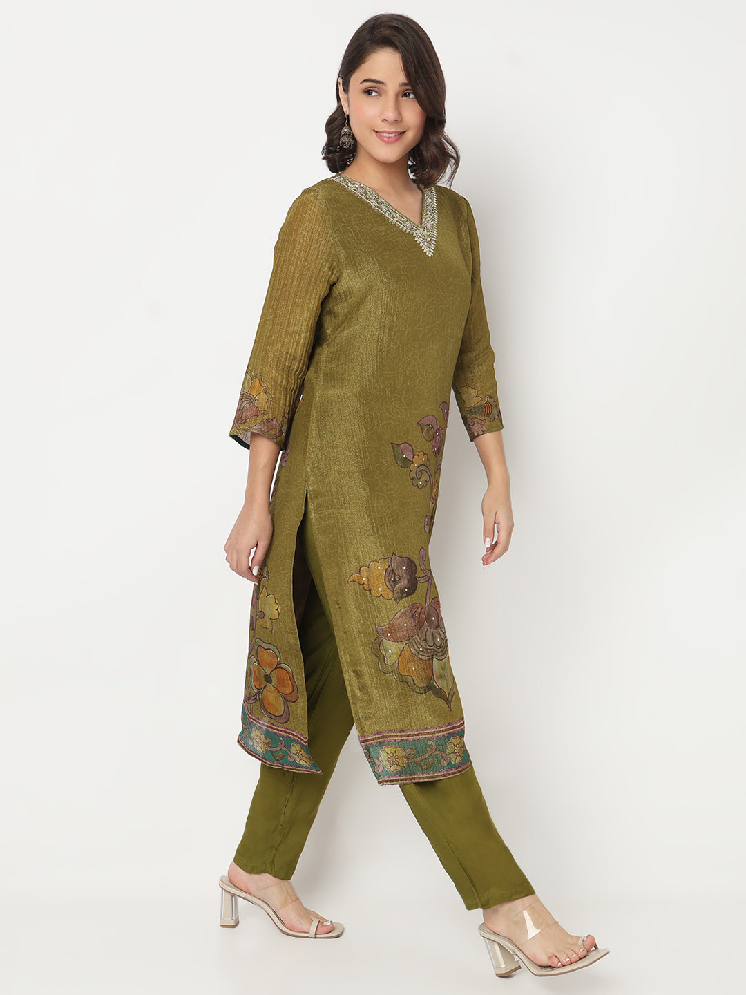 V-Neck Printed Straight Kurta and Pant with Dupatta Set