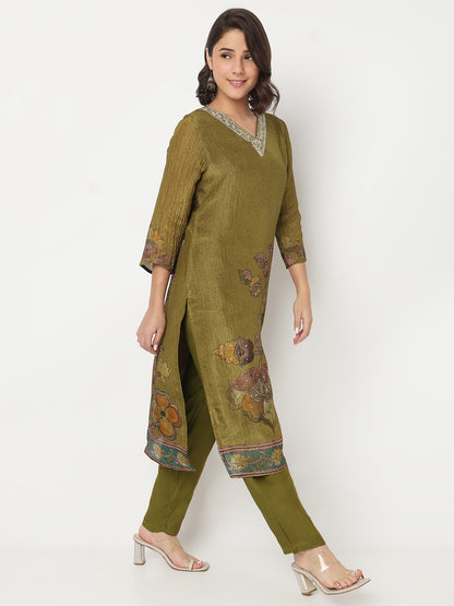 V-Neck Printed Straight Kurta and Pant with Dupatta Set