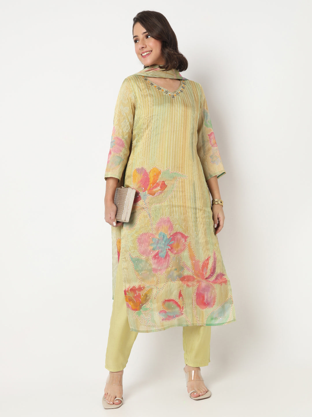 V-Neck Printed Straight Kurta and Pant with Dupatta Set