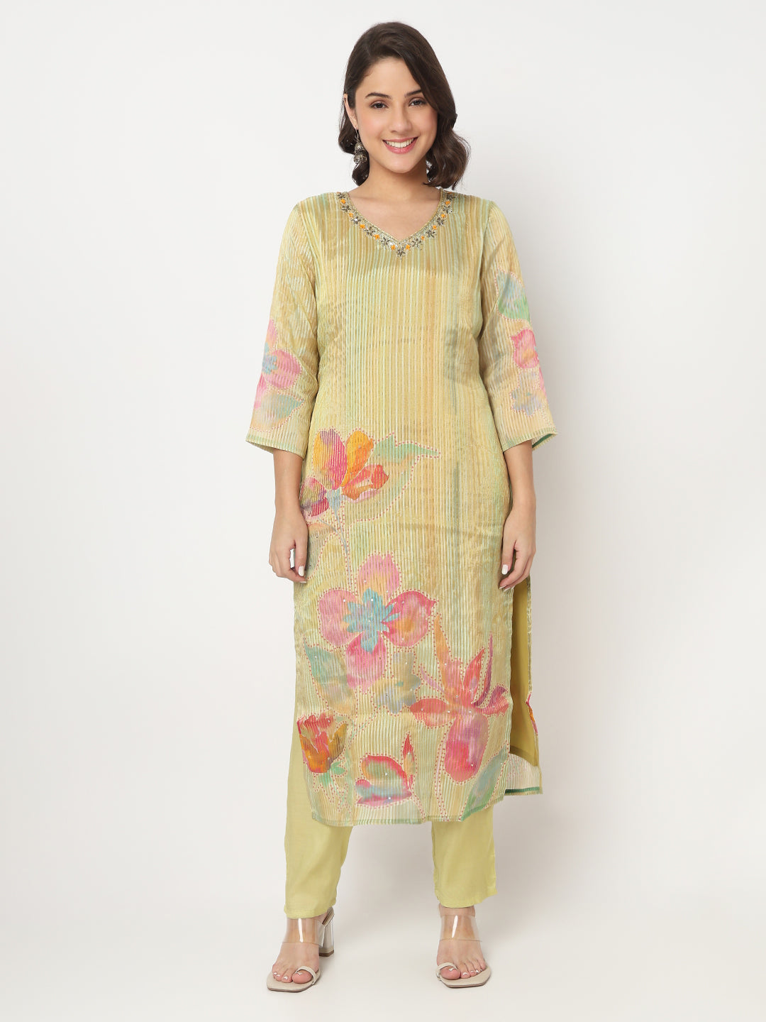 V-Neck Printed Straight Kurta and Pant with Dupatta Set