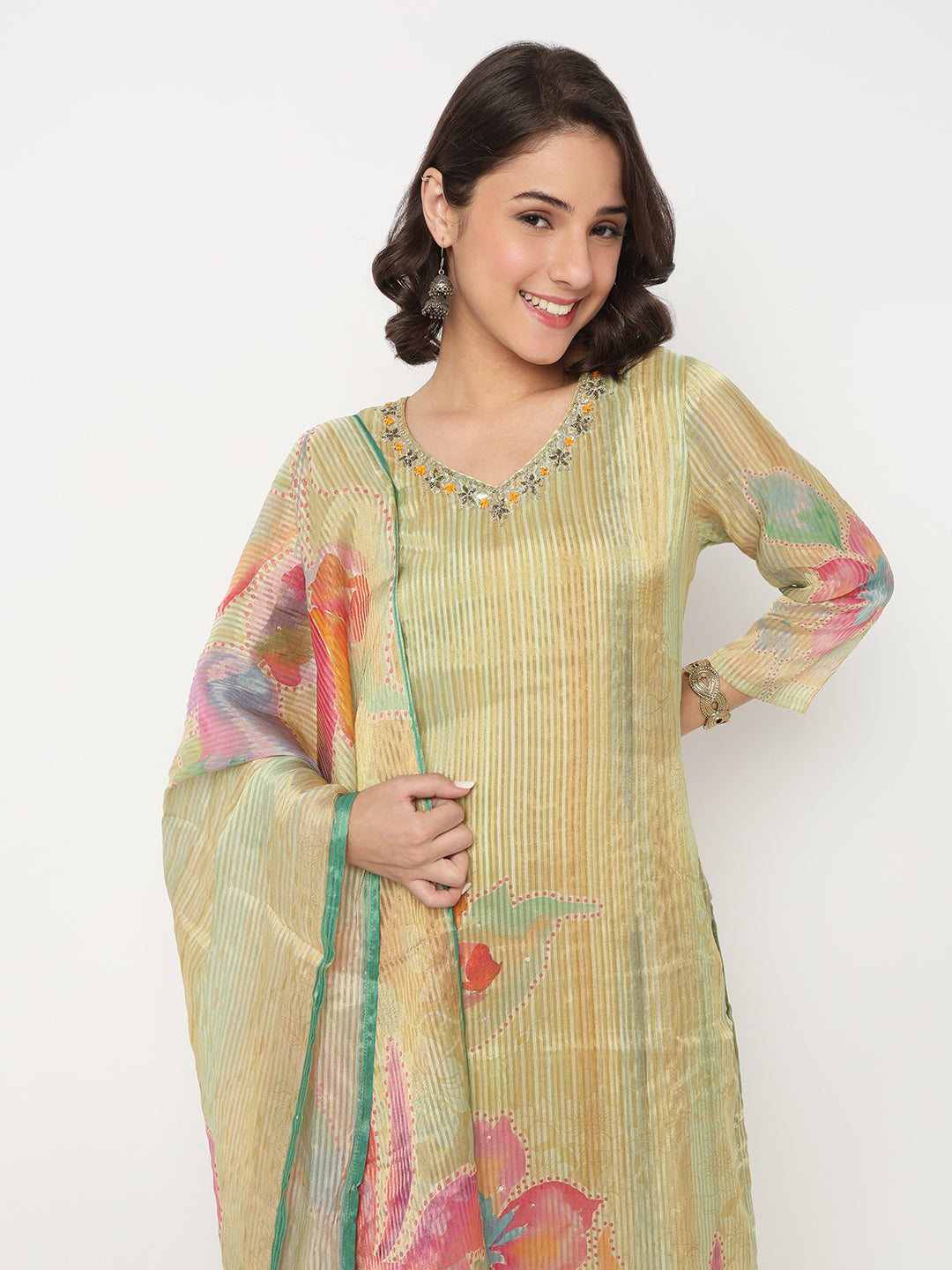 V-Neck Printed Straight Kurta and Pant with Dupatta Set