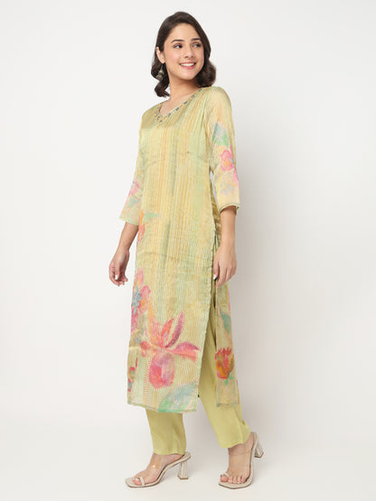 V-Neck Printed Straight Kurta and Pant with Dupatta Set