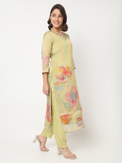 V-Neck Printed Straight Kurta and Pant with Dupatta Set