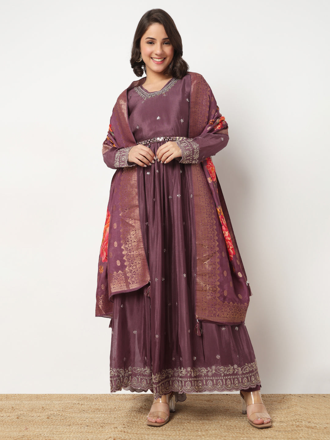 V-Neck Embroidered Flared Kurta and Pant with Dupatta Set