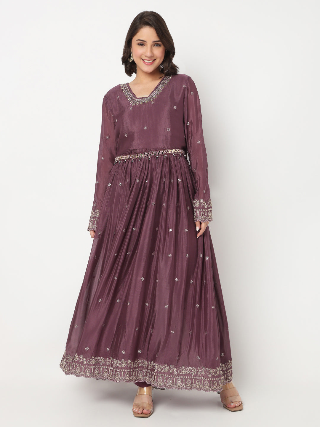 V-Neck Embroidered Flared Kurta and Pant with Dupatta Set