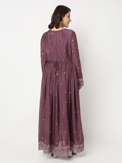 V-Neck Embroidered Flared Kurta and Pant with Dupatta Set