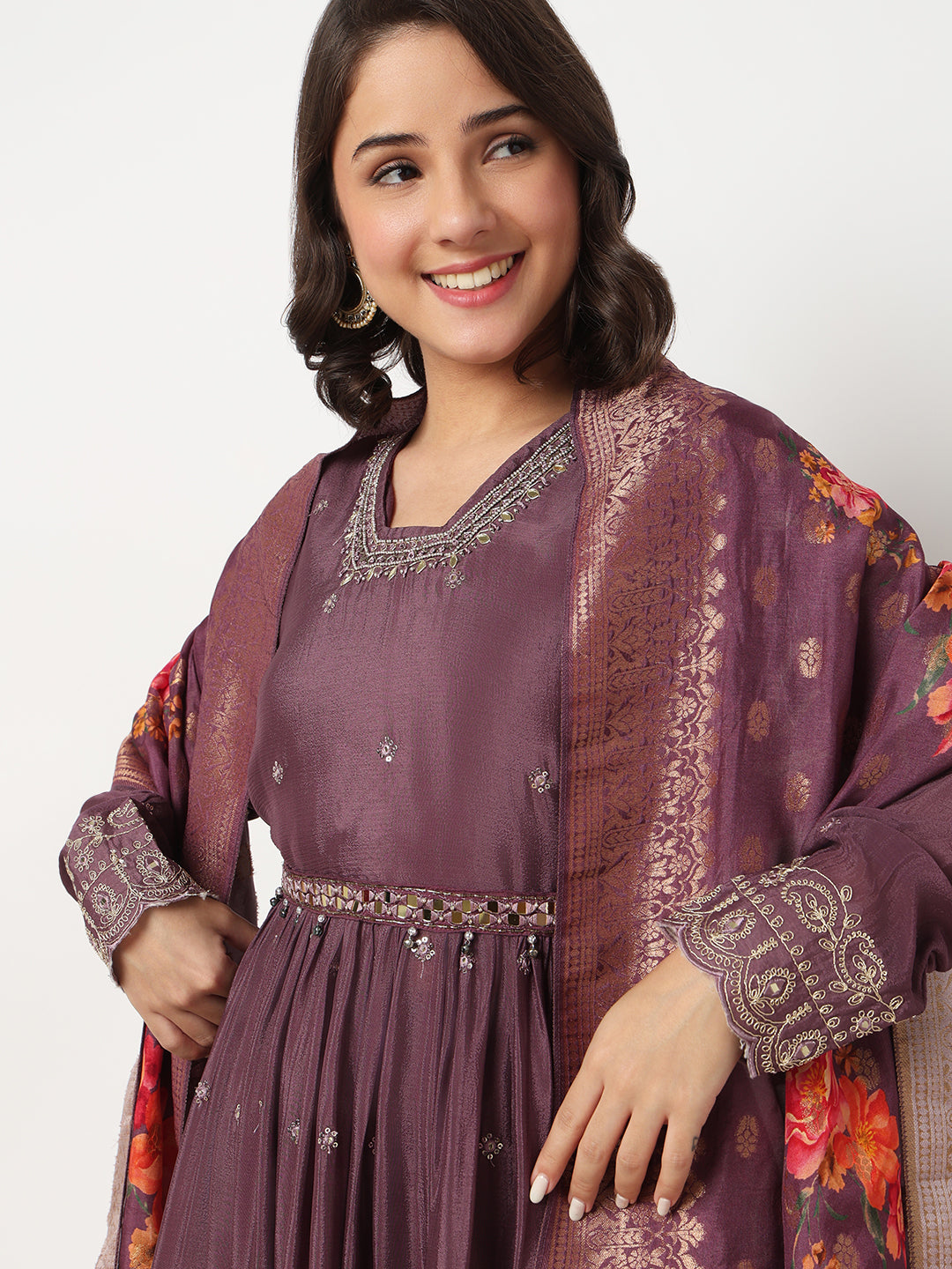 V-Neck Embroidered Flared Kurta and Pant with Dupatta Set