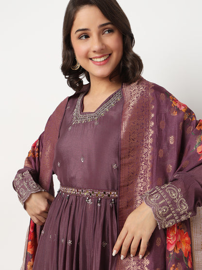 V-Neck Embroidered Flared Kurta and Pant with Dupatta Set