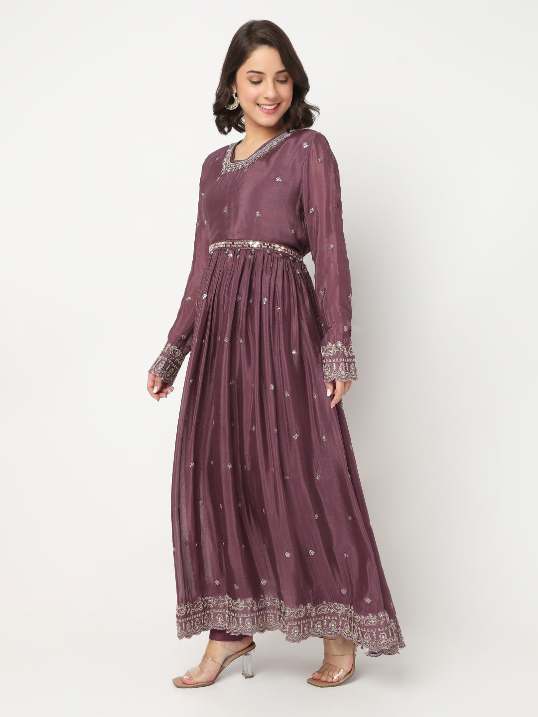 V-Neck Embroidered Flared Kurta and Pant with Dupatta Set