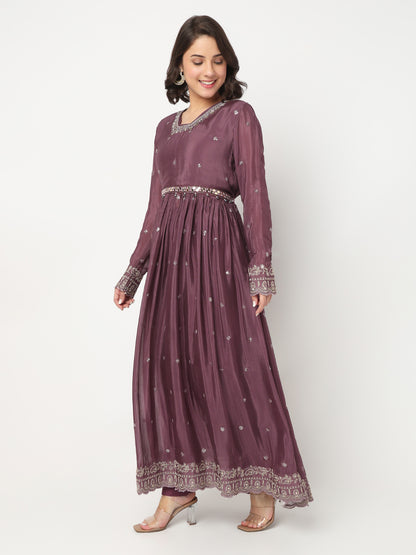 V-Neck Embroidered Flared Kurta and Pant with Dupatta Set