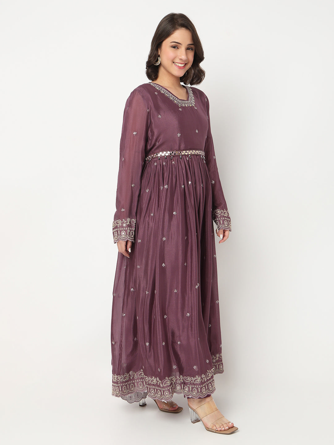 V-Neck Embroidered Flared Kurta and Pant with Dupatta Set