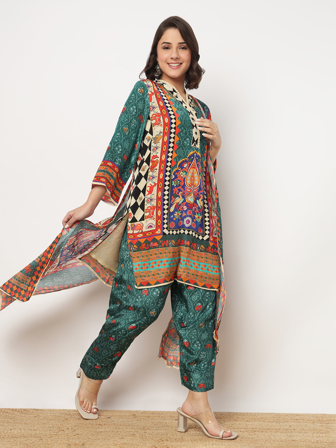 V-Neck Printed A-Line Kurta and Salwar with Dupatta Set