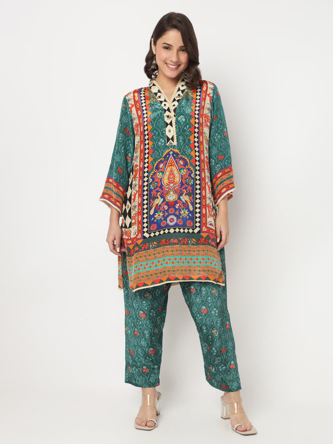 V-Neck Printed A-Line Kurta and Salwar with Dupatta Set