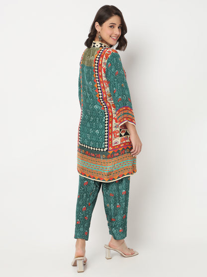 V-Neck Printed A-Line Kurta and Salwar with Dupatta Set