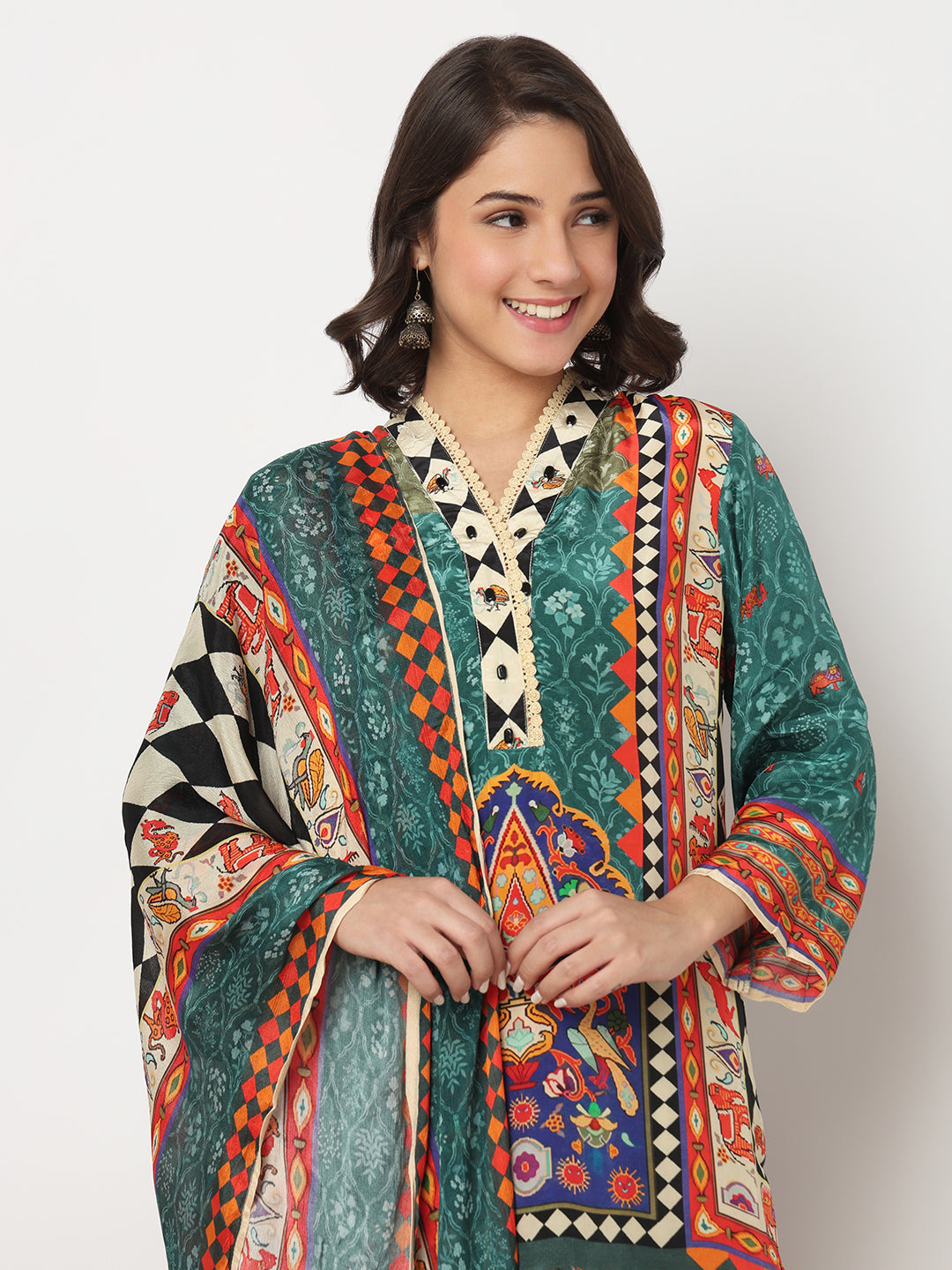 V-Neck Printed A-Line Kurta and Salwar with Dupatta Set