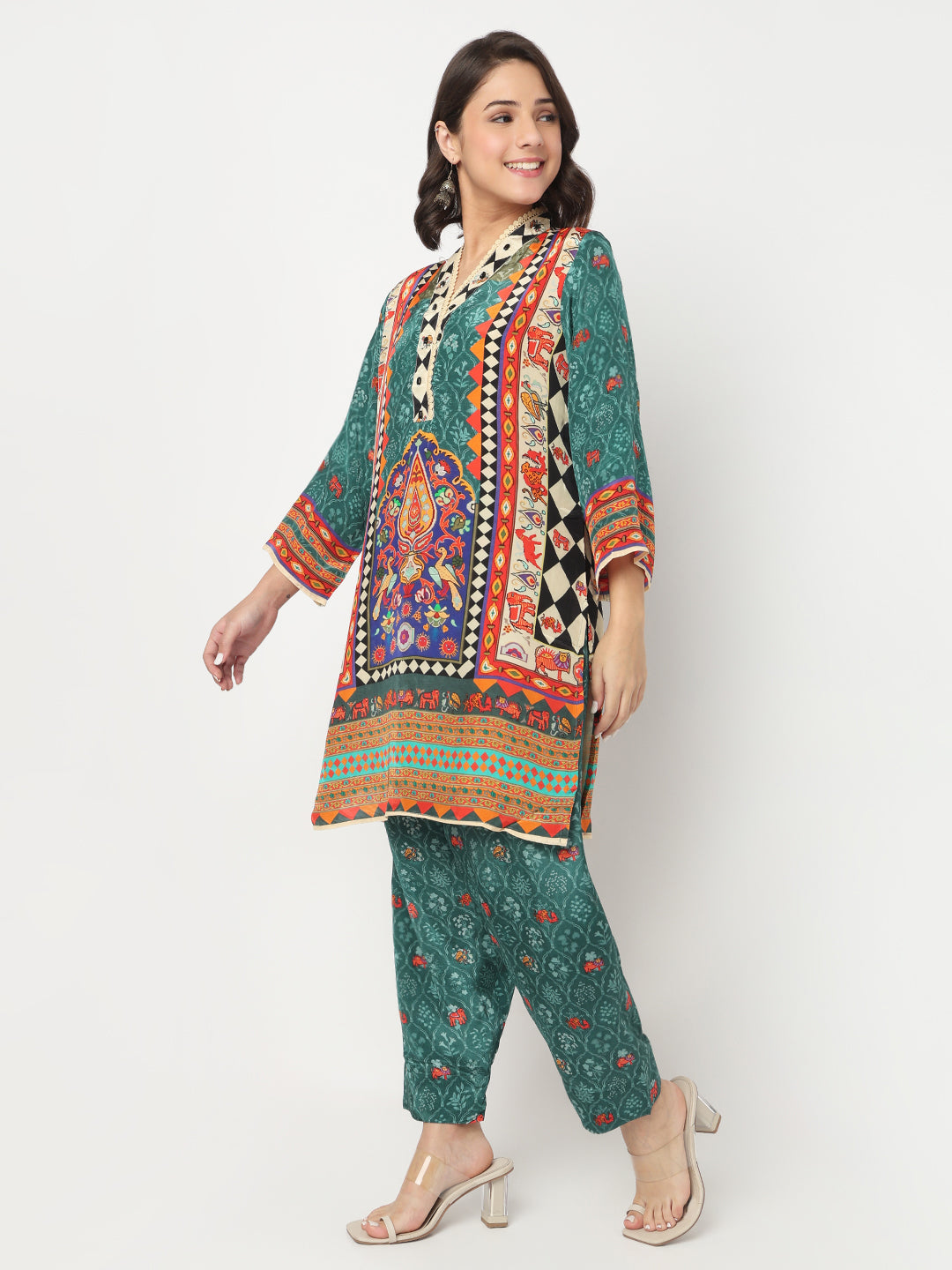 V-Neck Printed A-Line Kurta and Salwar with Dupatta Set