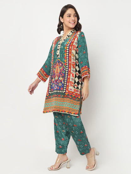 V-Neck Printed A-Line Kurta and Salwar with Dupatta Set