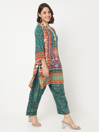 V-Neck Printed A-Line Kurta and Salwar with Dupatta Set