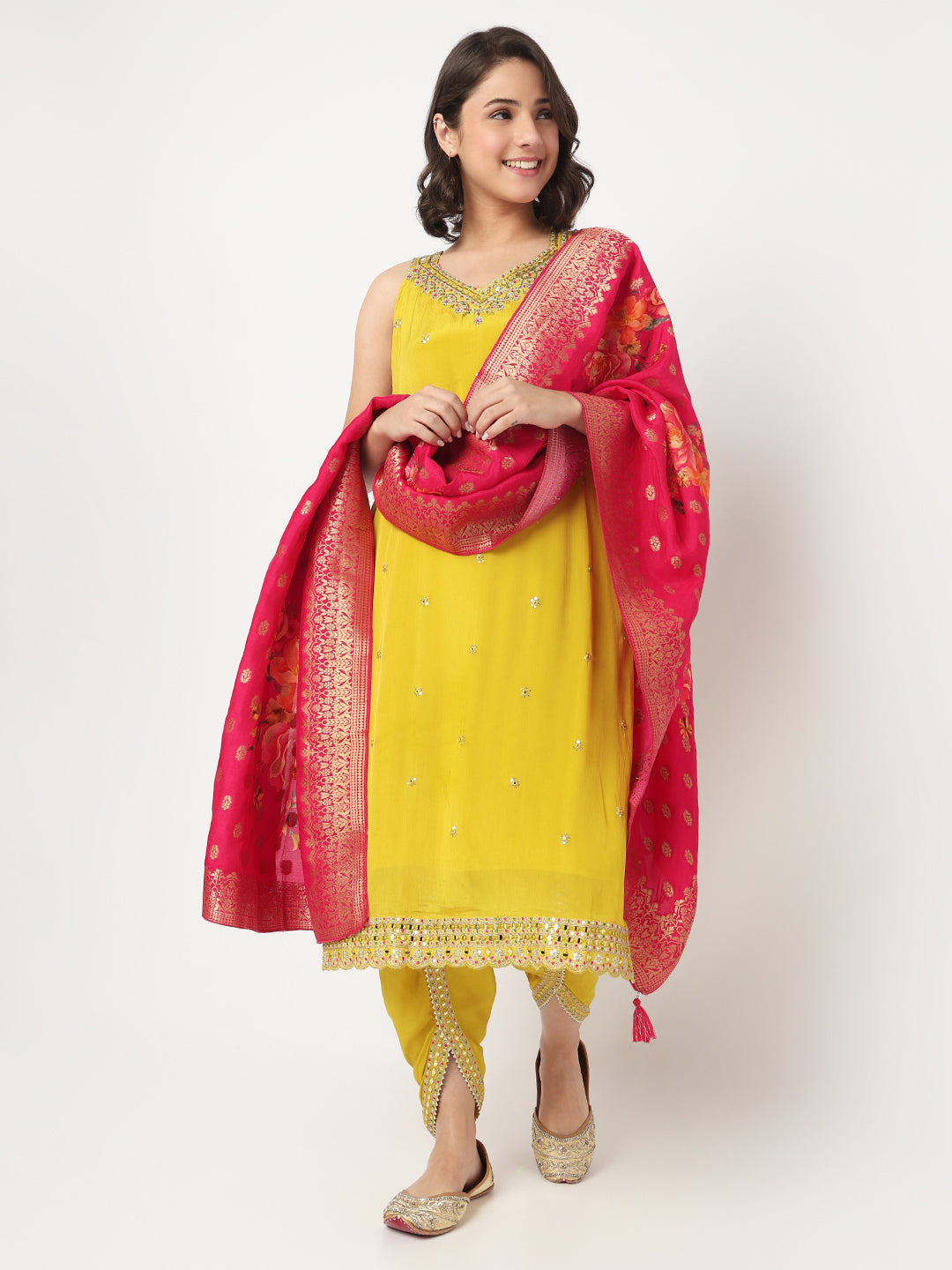 V-Neck Embroidered Straight Kurta and Pant with Dupatta Set