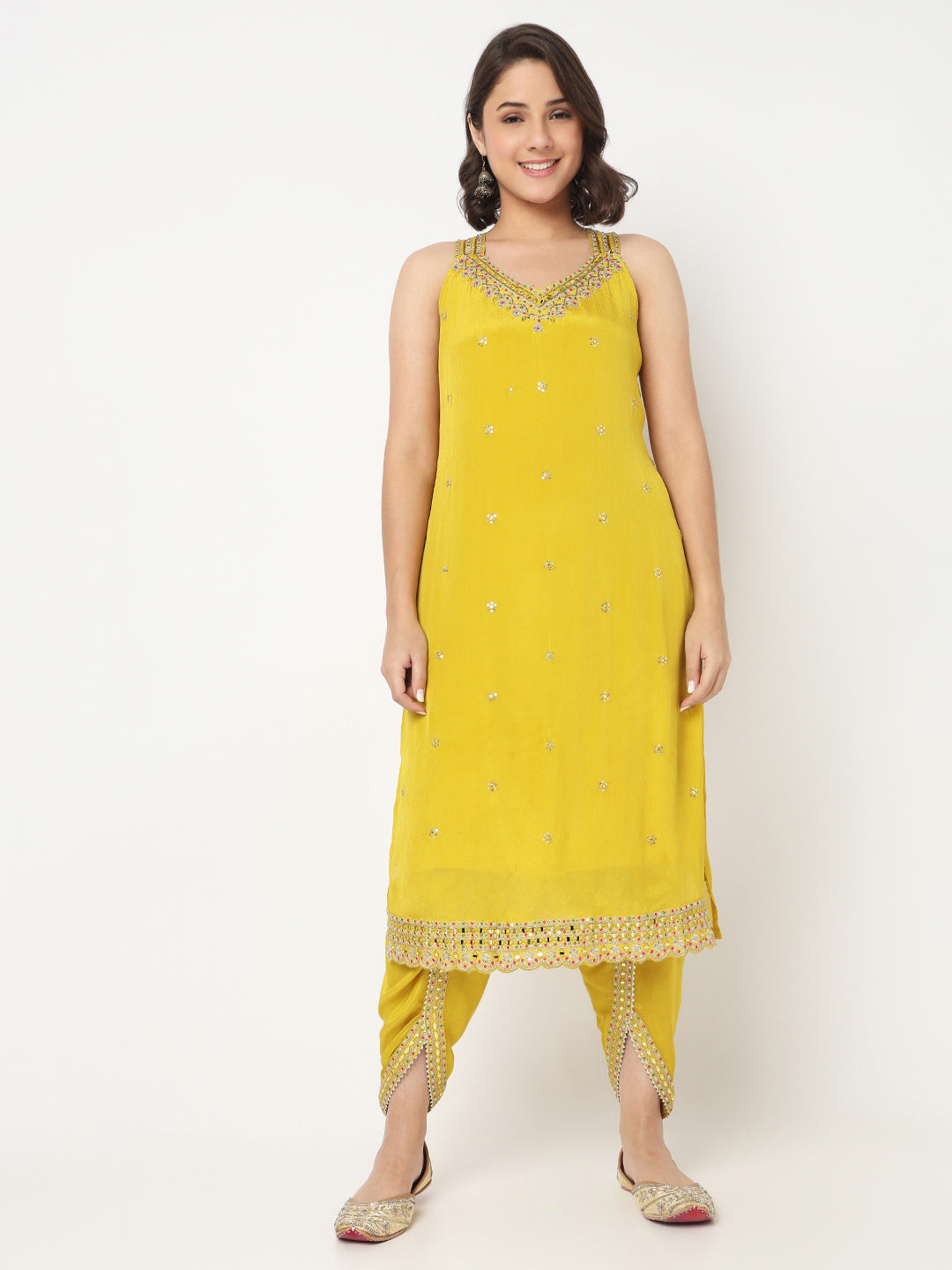 V-Neck Embroidered Straight Kurta and Pant with Dupatta Set