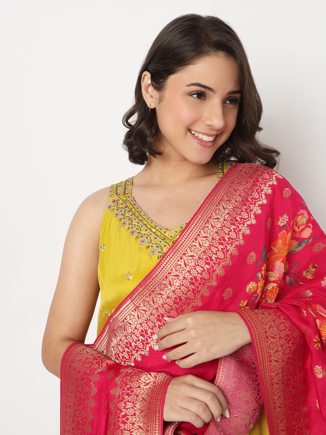 V-Neck Embroidered Straight Kurta and Pant with Dupatta Set